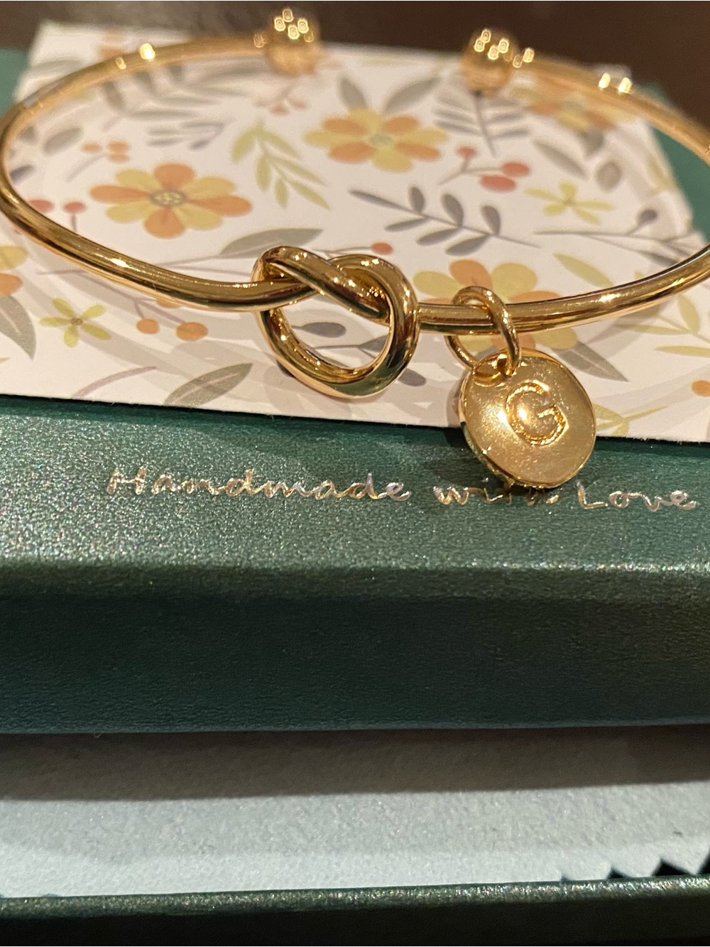 14k Gold Plated Knot Bangle Bracelet with Initial G Charm. NIB